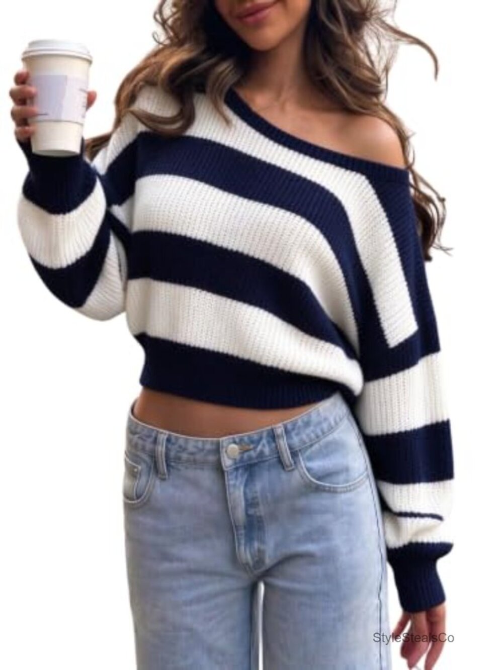 Off Shoulder Striped Sweater Oversized Y2K Pullover Boat Neck Loose Fit